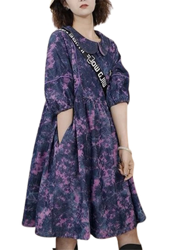 Purple Peter Pan Collar Tie Dye Wrinkled Vacation Long Dresses Half Sleeve