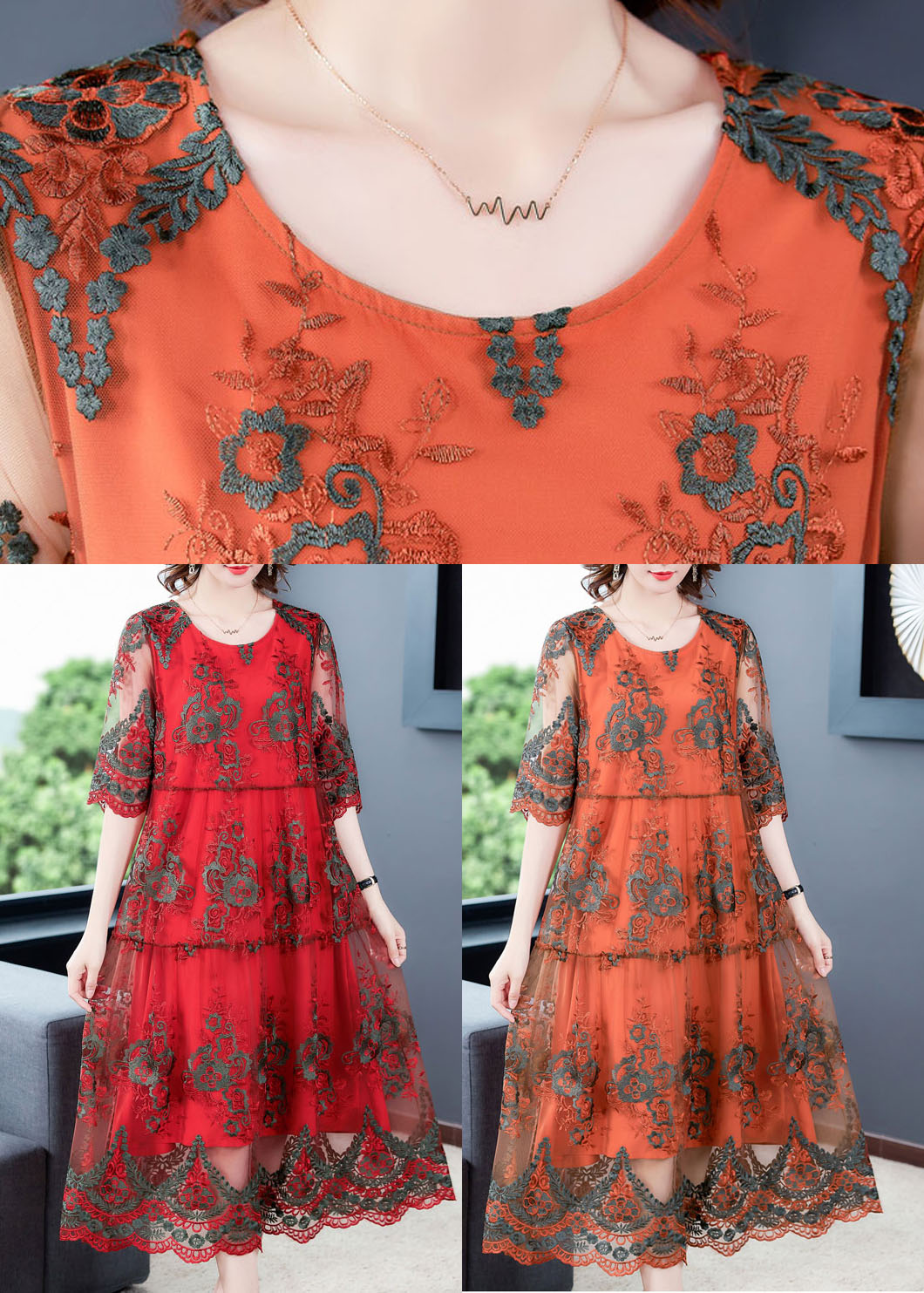Red O-neck Embroideried Tulle Vacation Dress Half Sleeve
