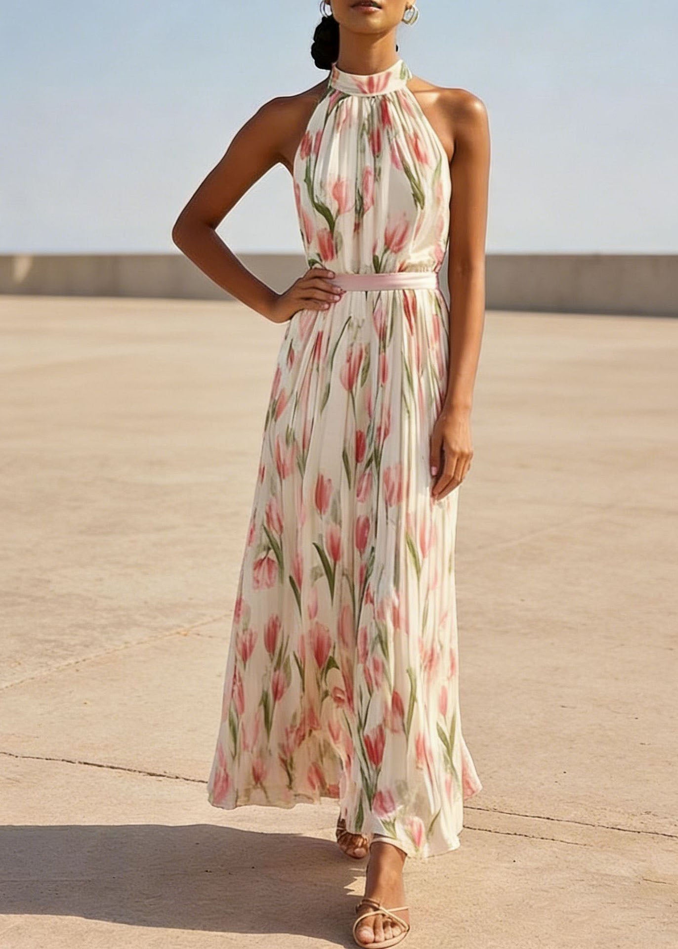 Red Print Wrinkled Chiffon Dresses Sleeveless