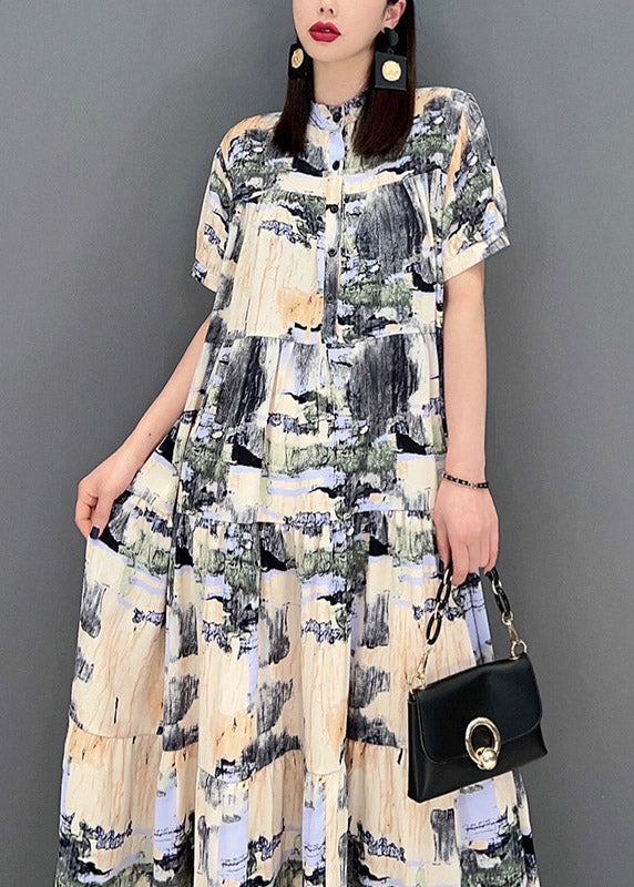 Stand Collar Button Print Patchwork Wrinkled Chiffon Long Dress Short Sleeve