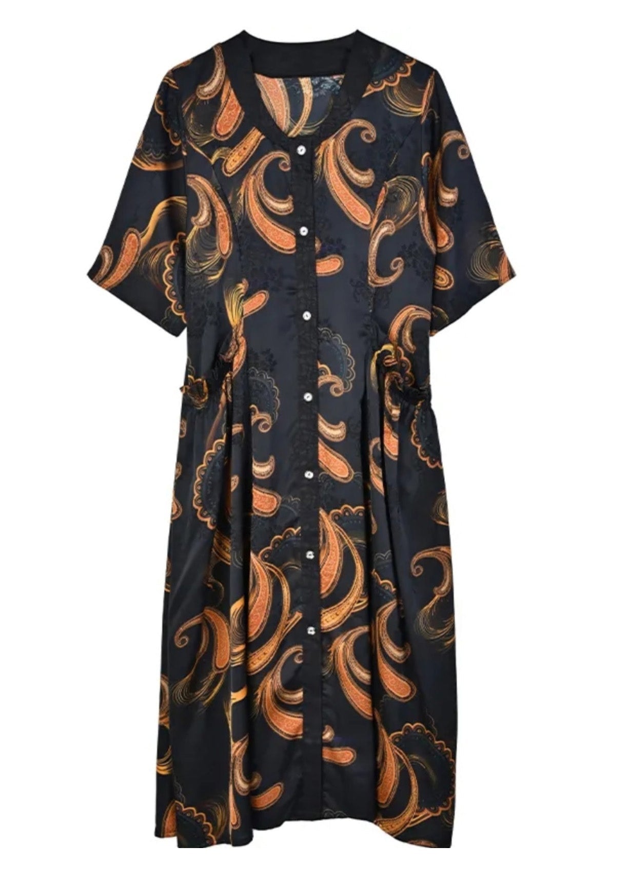 V Neck Print Button Silk Maxi Shirts Dresses Summer