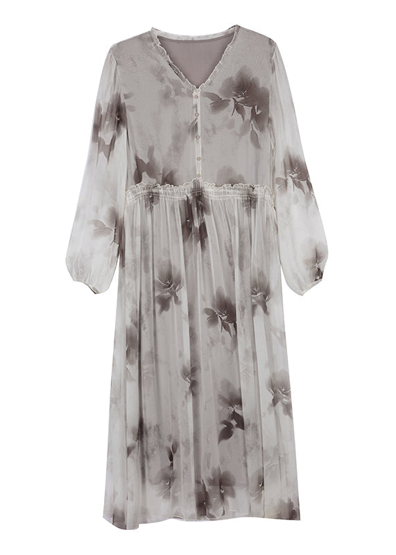 V Neck Print Ruffled Silk Chiffon Dresses Lantern Sleeve