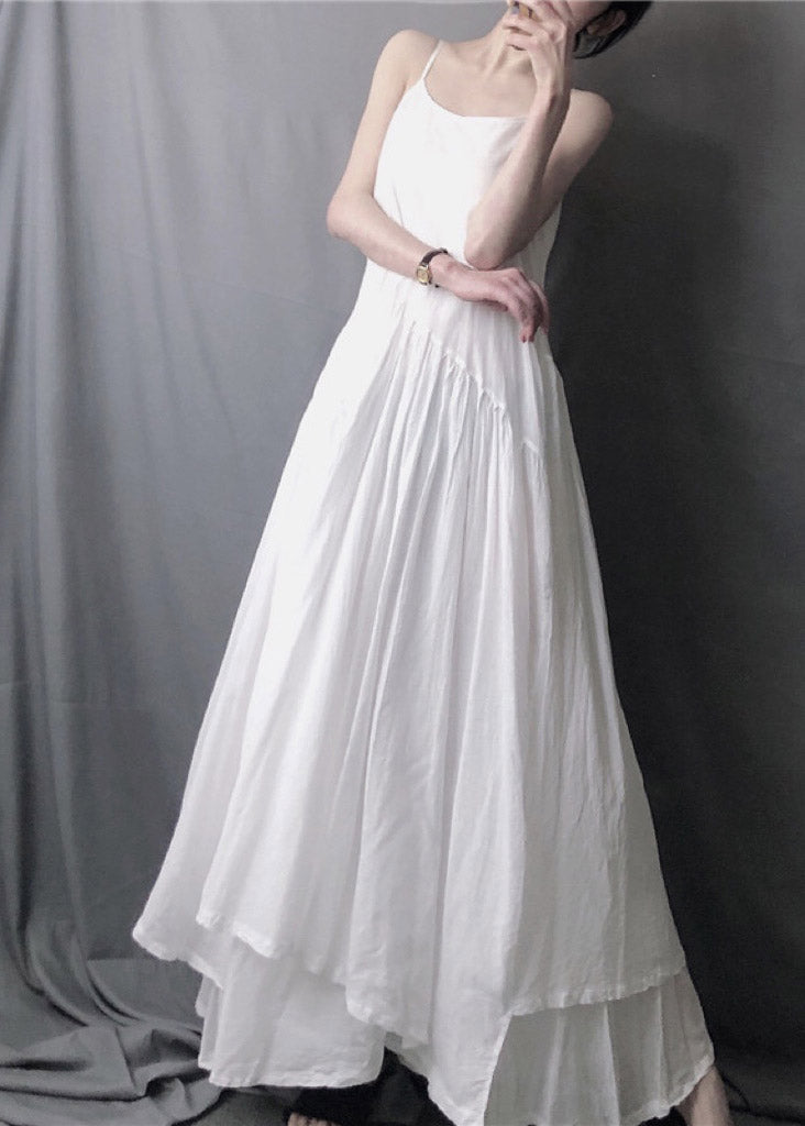 White Asymmetrical Layered Wrinkled Spaghetti Strap Long Dress Sleeveless