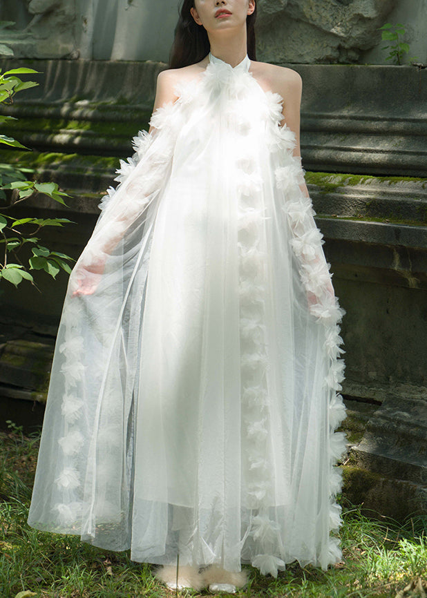 White Lace Up Tulle Maxi Dresses Summer