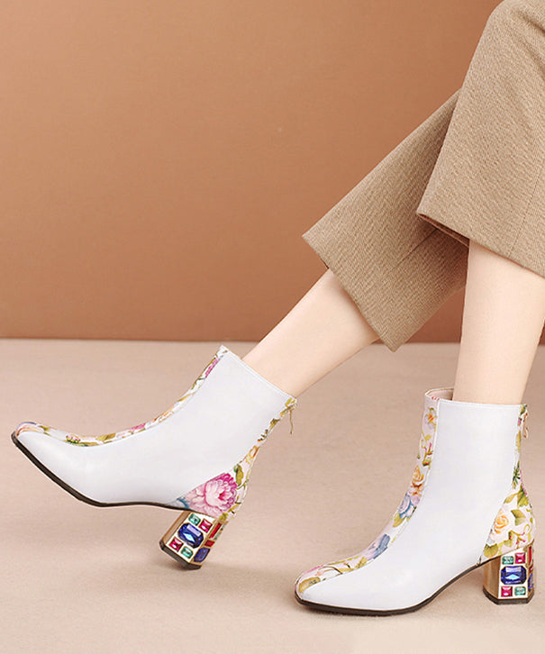 White Print Zircon Cowhide Leather Chunky Boots
