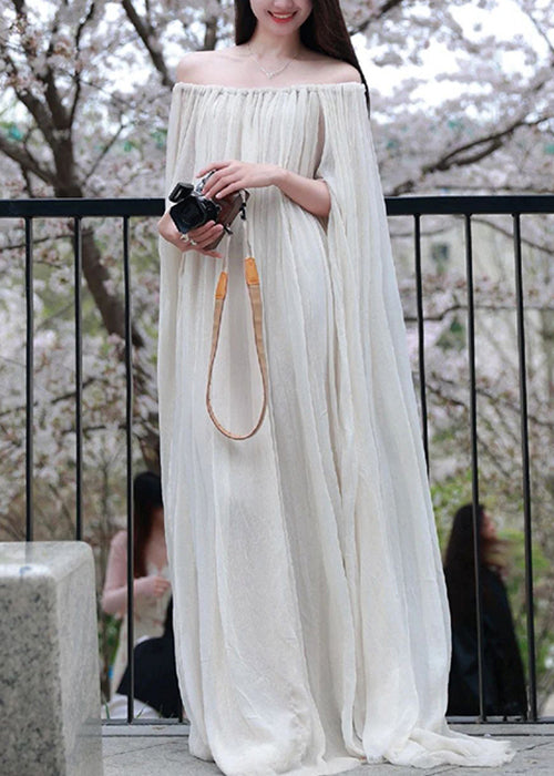 White Slash Neck Wrinkled Cotton Maxi Dress Sleeveless