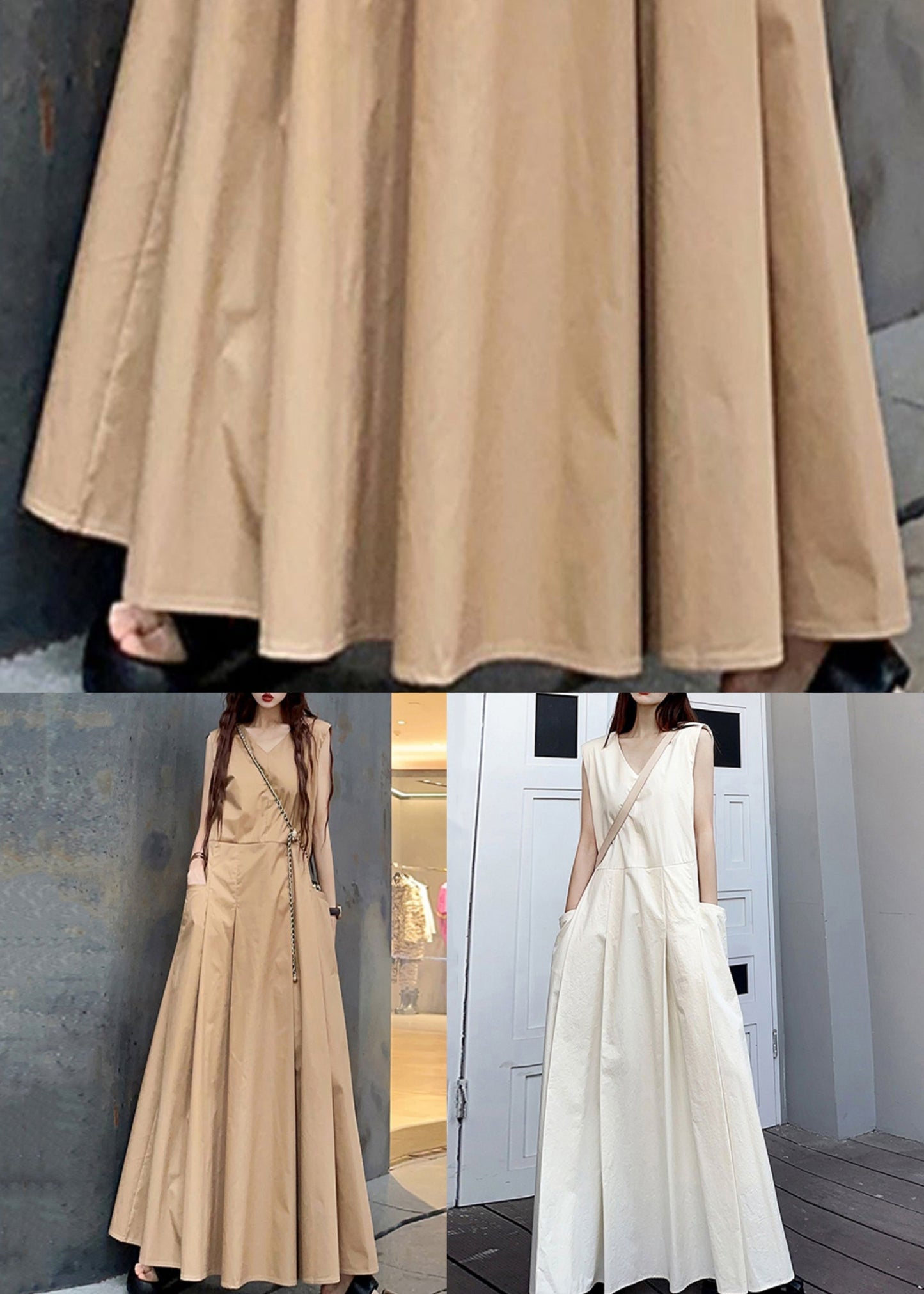 White V Neck Pockets Patchwork Cotton Maxi Dresses Sleeveless