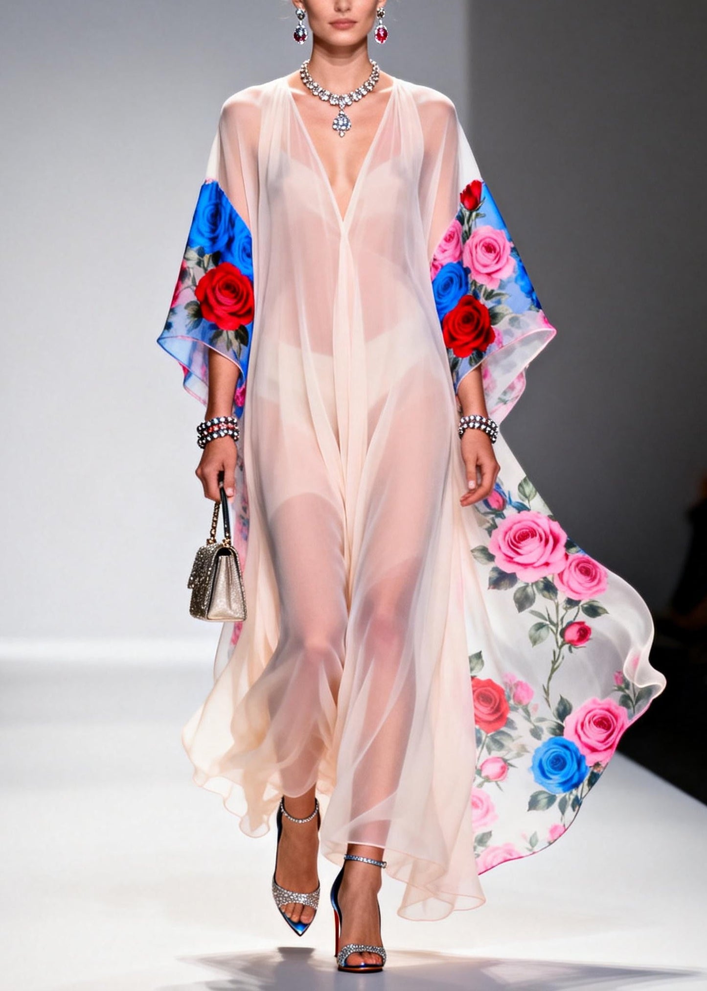 White V Neck Print Chiffon Beach Dress Summer