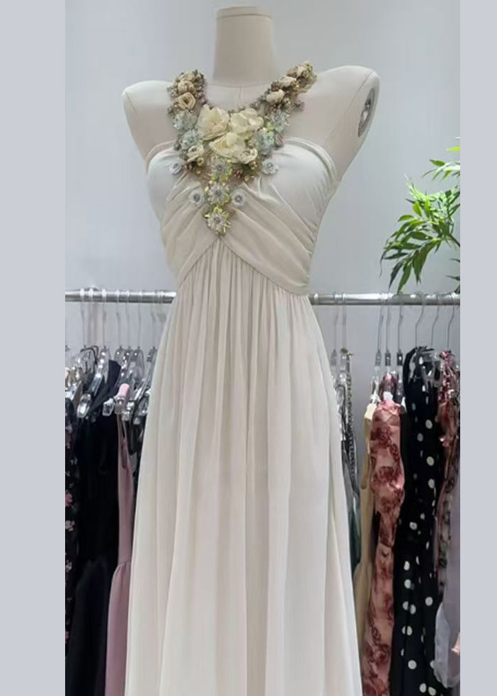 White Zircon Wrinkled Patchwork Cotton Long Dress Sleeveless