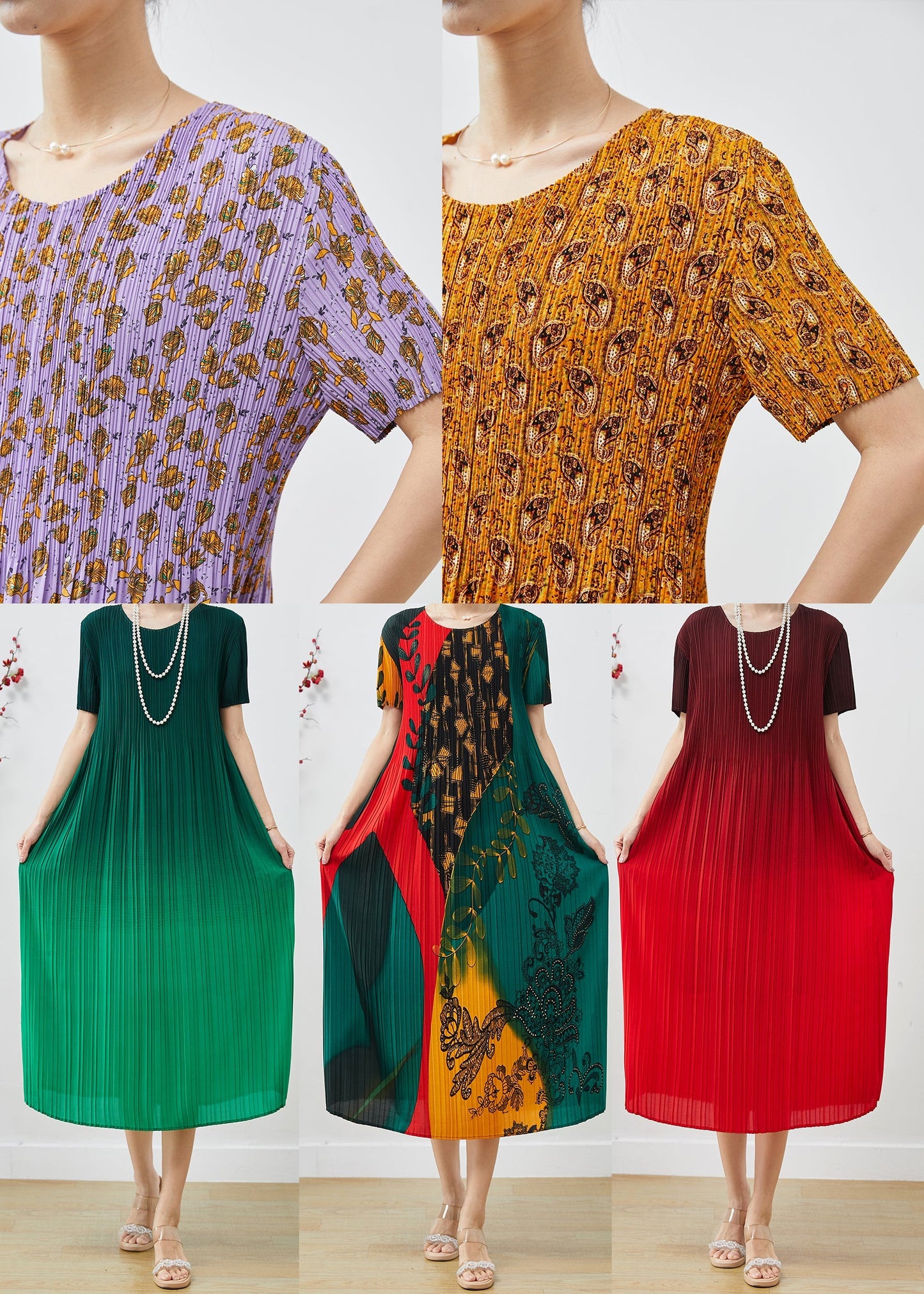 Yellow Print Chiffon Pleated Dress Summer