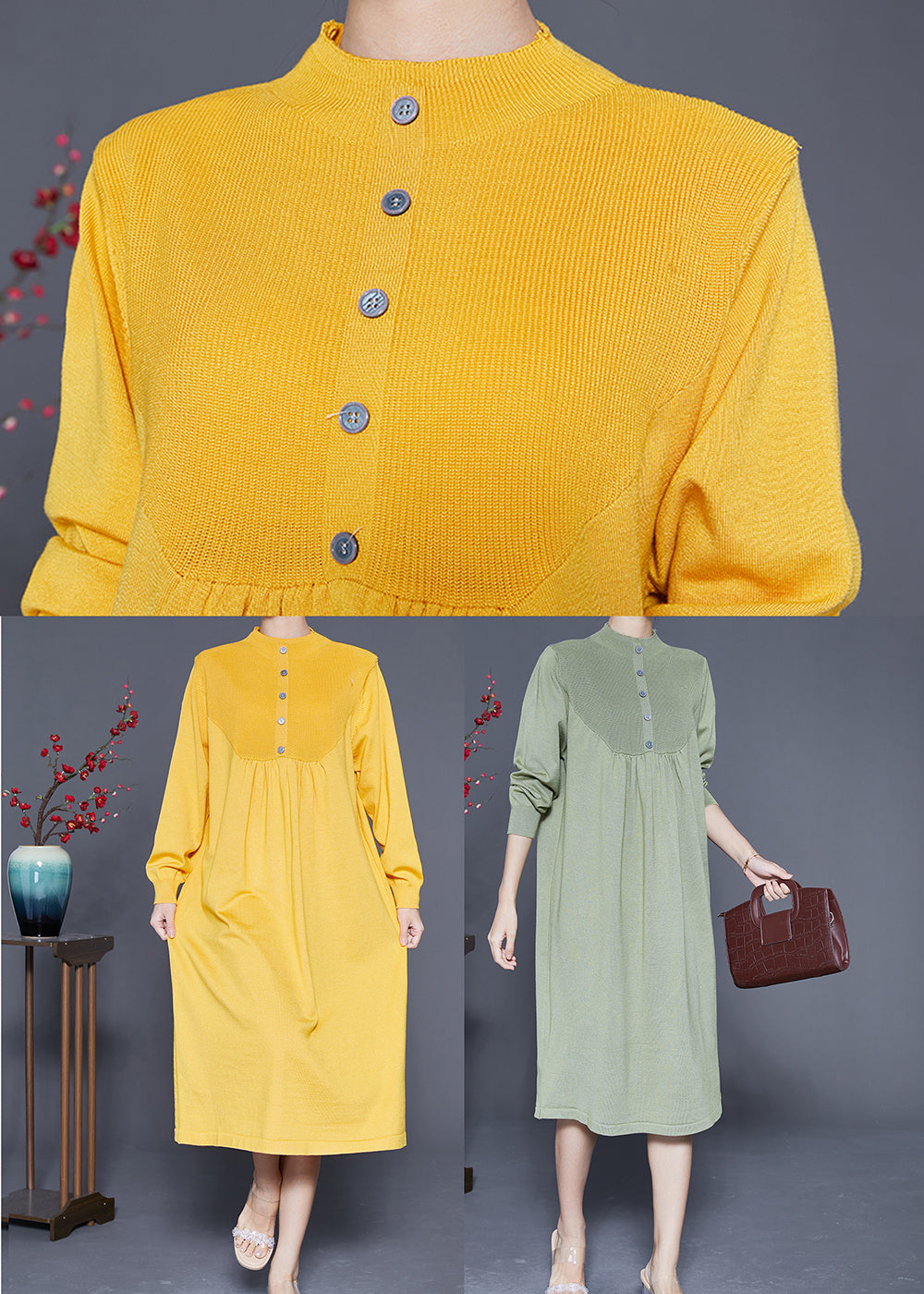 Yellow Stand Collar Wrinkled Knit Long Dress Spring