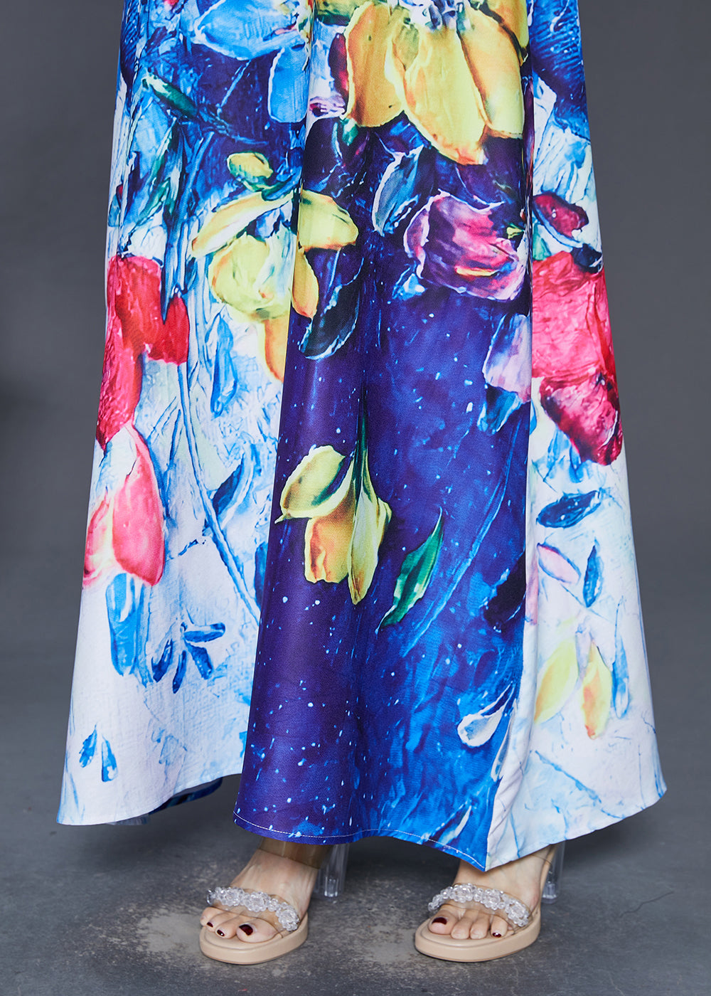 Style Peacock Blue Mandarin Collar Print Cotton Dresses Sleeveless