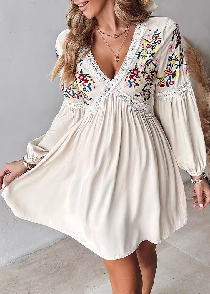 European and American Style Apricot Embroidered Cotton Mid Dress Long Sleeve