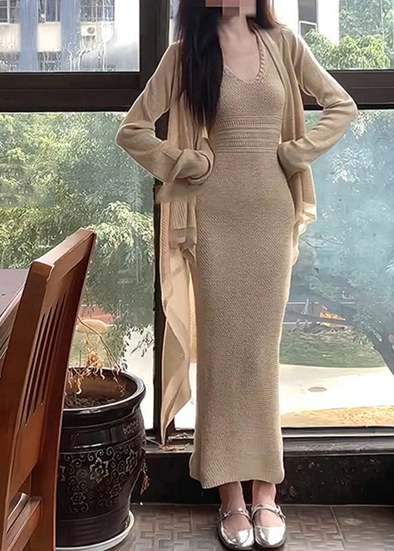 Apricot O-neck Halter Tunic Knit Cardigans and Long Dress Two Piece Set Spring