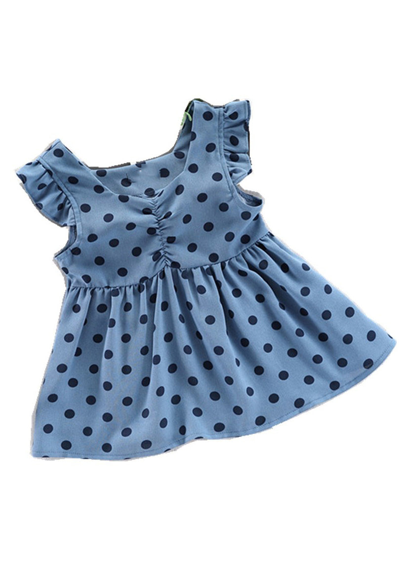 Baby Blue O-neck Dot Print Patchwork Vacation Long Dress Sleeveless