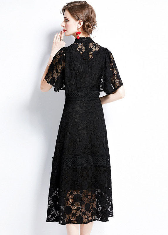 Black Hollow Out Patchwork Lace Dress Butterfly Sleeve