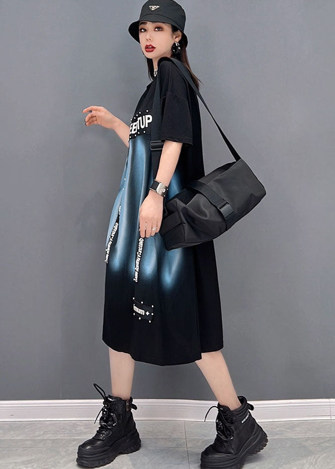 Black O-neck Print Cotton Dress Short Sleeve