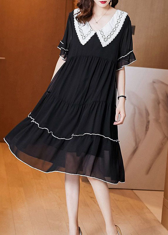 Black Peter Pan Collar Patchwork Chiffon Maxi Dresses Summer