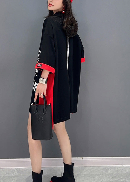 Black Print Patchwork Button Vacation Mid Dress Summer