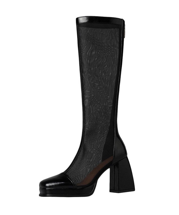 Black Tulle Splicing Zippered Chunky Heel High Boots