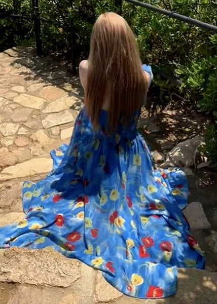 Blue Backless Print Chiffon Ankle Dress Summer