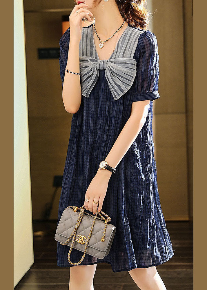 Blue Bow Patchwork Chiffon Mid Dress Summer