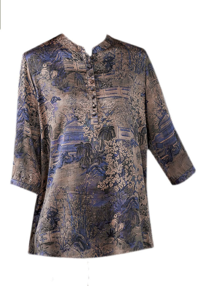 Blue Patchwork Print Button Silk Blouse Tops Summer