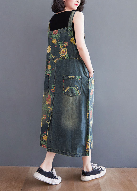 Blue Pockets Print Patchwork Denim Dresses Summer