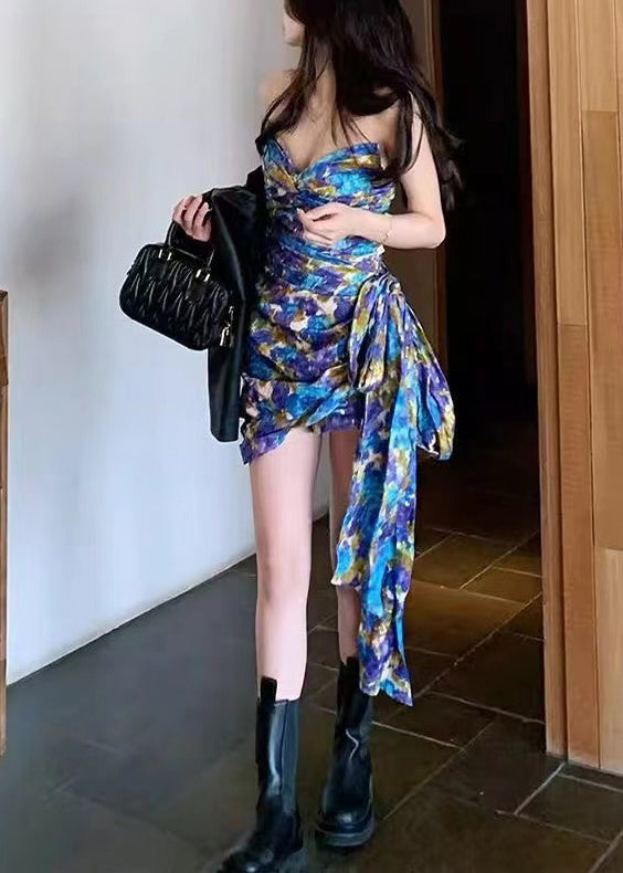 Blue Printed Bow Ribbon Party Dress Sleeveless
