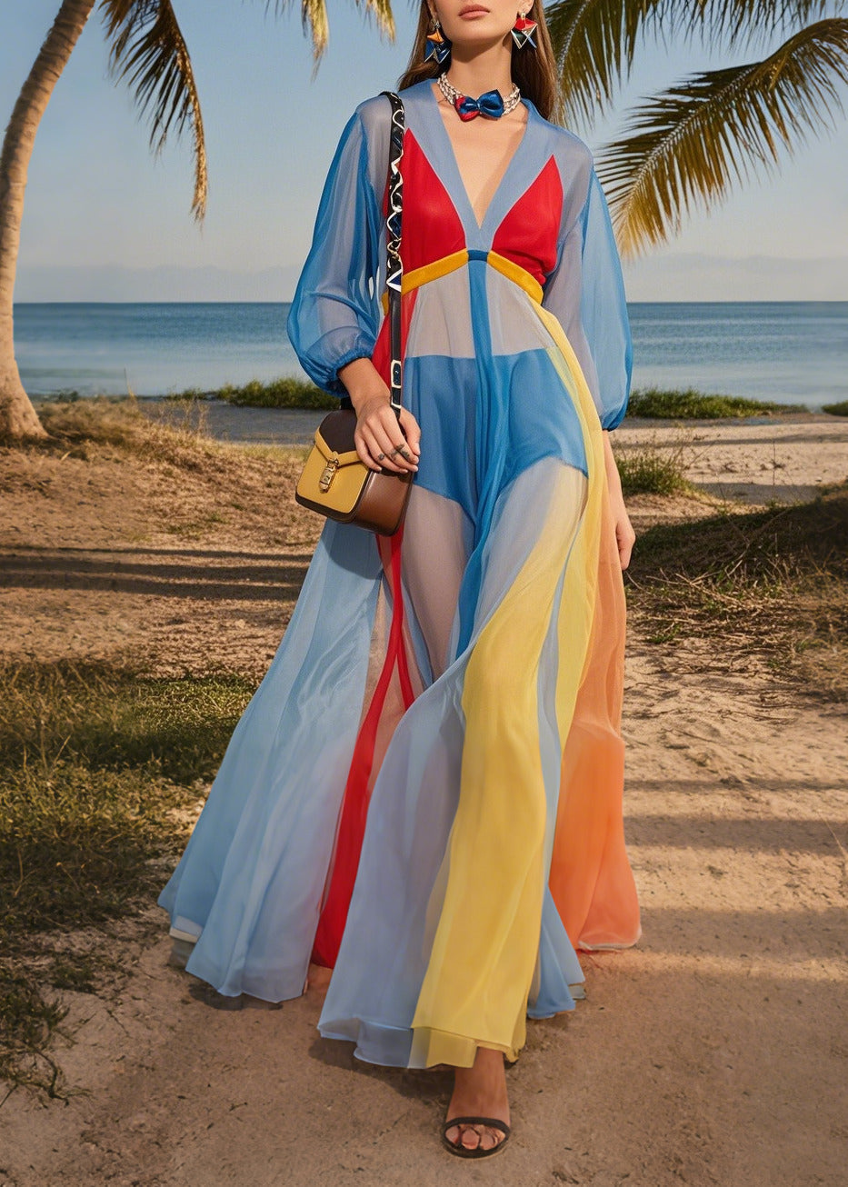 Blue V Neck Patchwork Tulle Maxi Dresses Summer