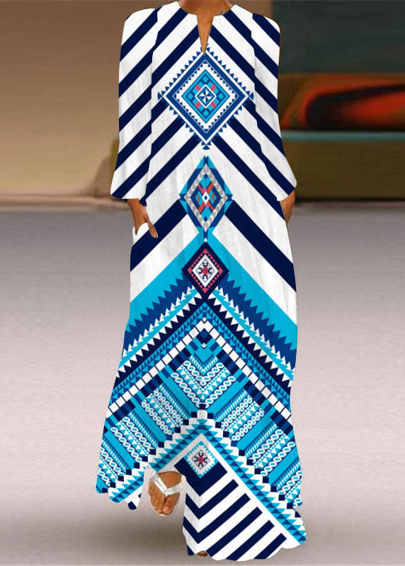Blue V Neck Print Chiffon Ankle Dress Spring