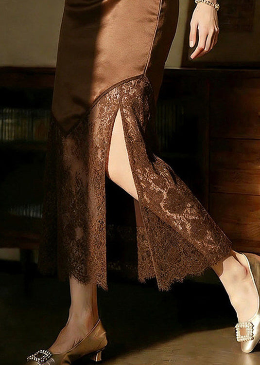 Brown Side Open Lace Patchwork High Waist Skirt Summer