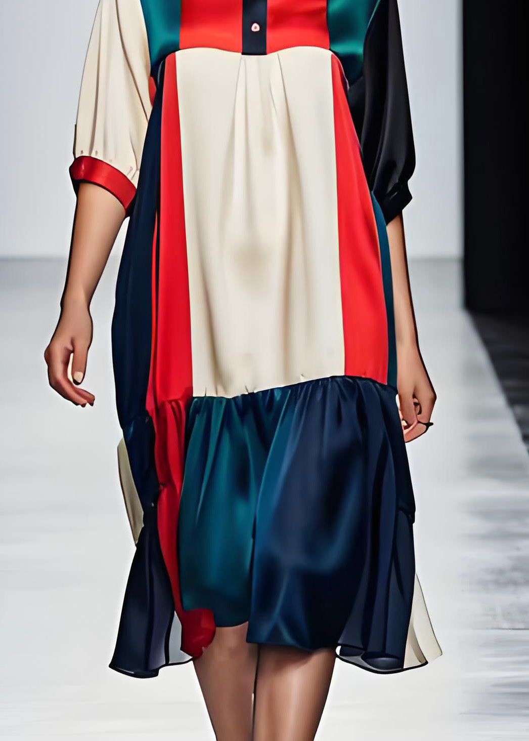 Colorblock Peter Pan Collar Patchwork Silk Dresses Summer
