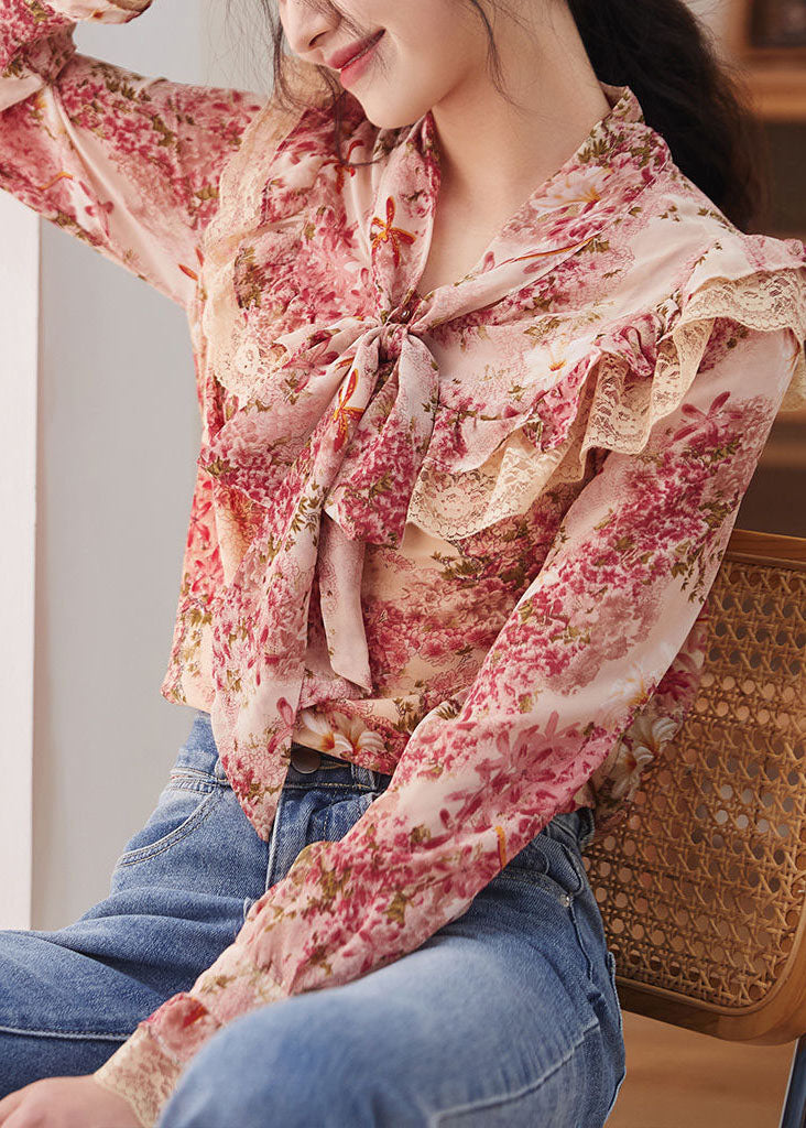 Print Bow Lace Patchwork Chiffon Shirt Tops Spring