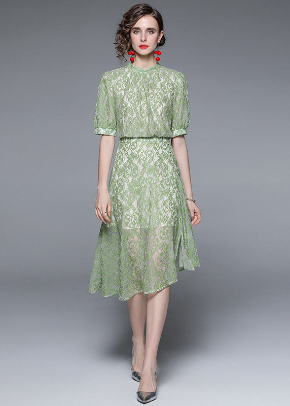 Green Jacquard Asymmetrical Patchwork Lace Mid Dress Summer