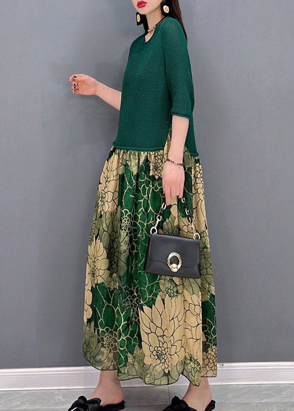 Green O-neck Chiffon Patchwork Print Knit Long Dress Half Sleeve