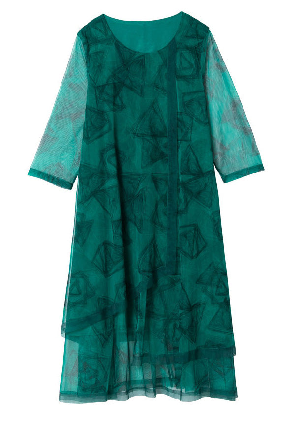 Green O-neck Print Patchwork Tulle Maxi Dresses Summer