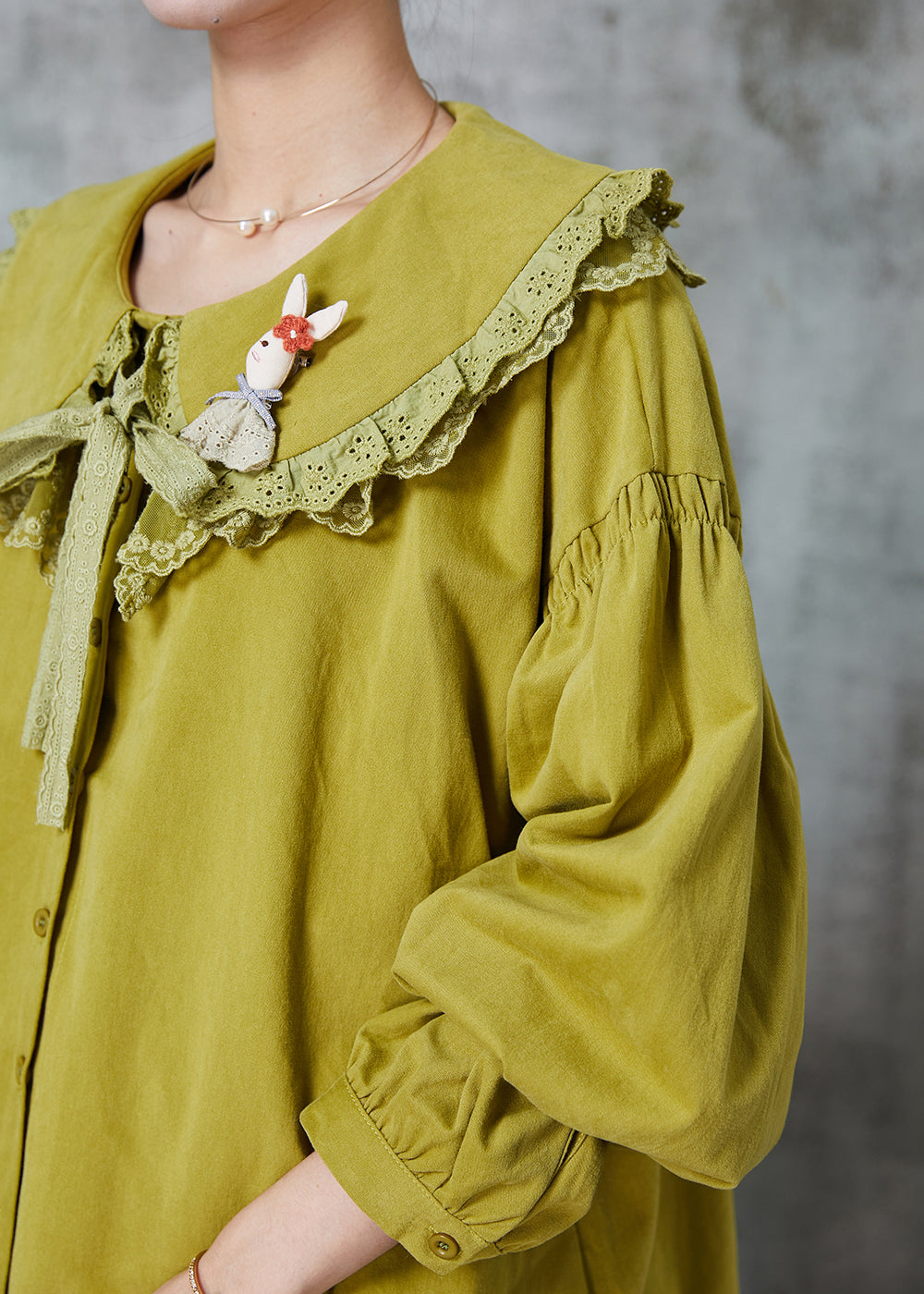 Green Peter Pan Collar Patchwork Lace Cotton Shirt Spring