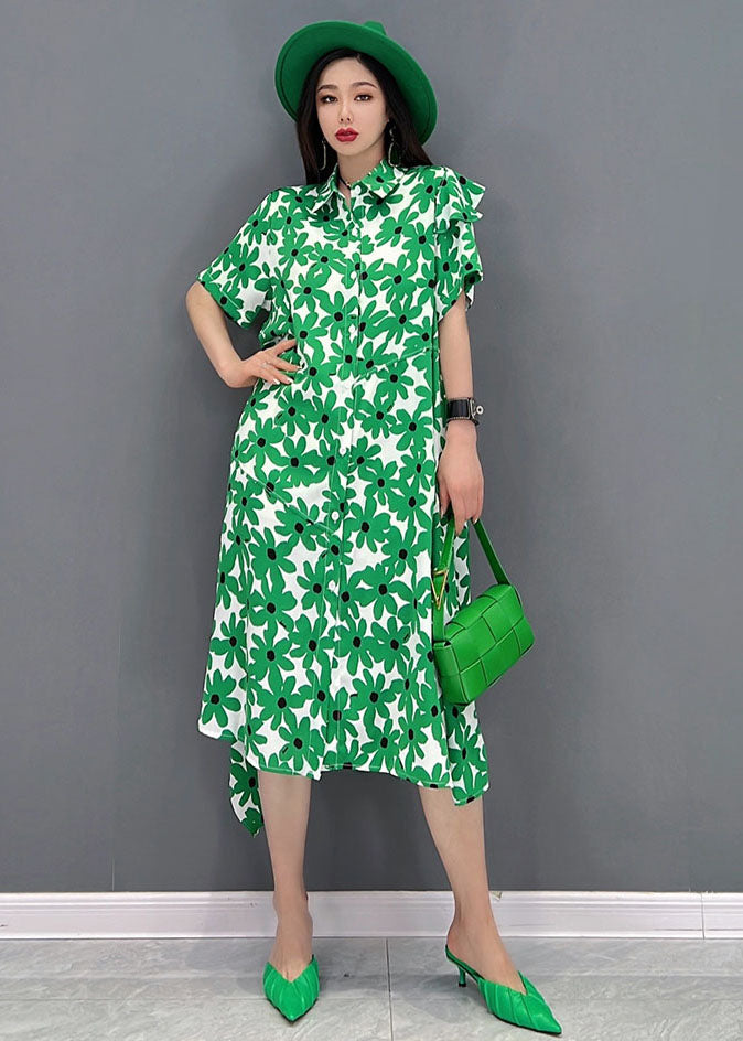 Green Peter Pan Collar Asymmetrical Design Print Cotton Holiday Dress Short Sleeve