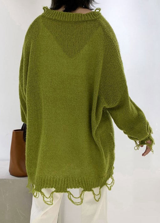 Green V Neck Ripped Ma Hai Mao Knit Sweaters Spring