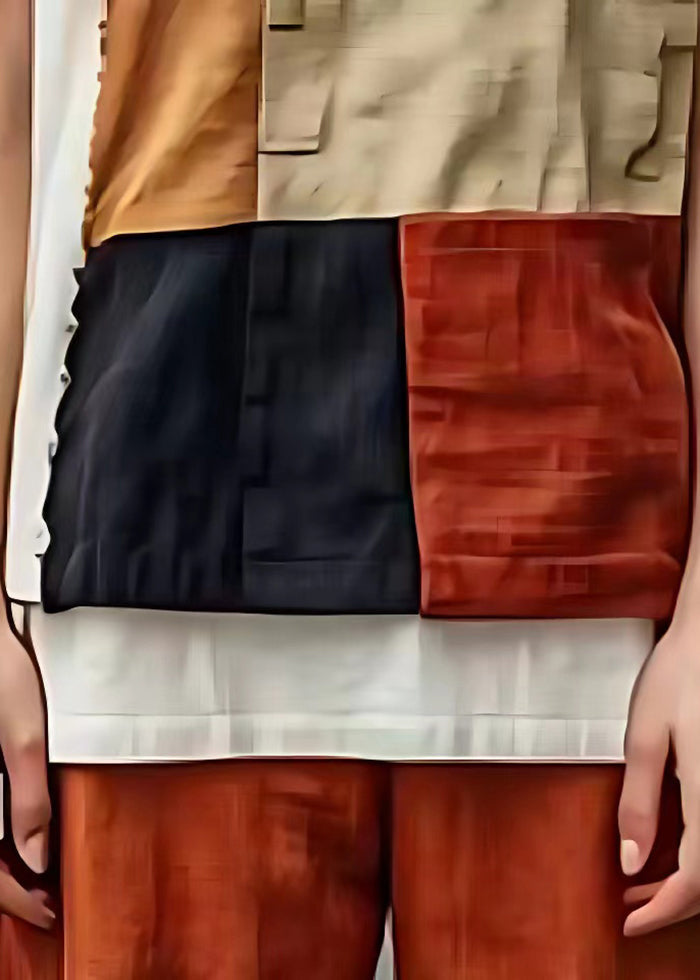 Khaki Asymmetrical Patchwork Linen Tanks Summer