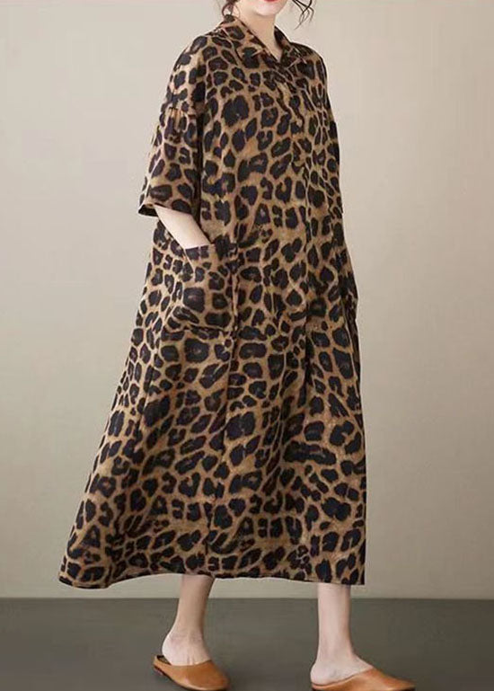 Leopard Peter Pan Collar Pockets Patchwork Cotton Long Dresses Summer
