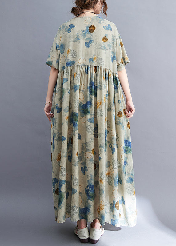Light Grey O-neck Print Exra Large Hem Wrinkled Cotton Long Dresses Short Sleeve