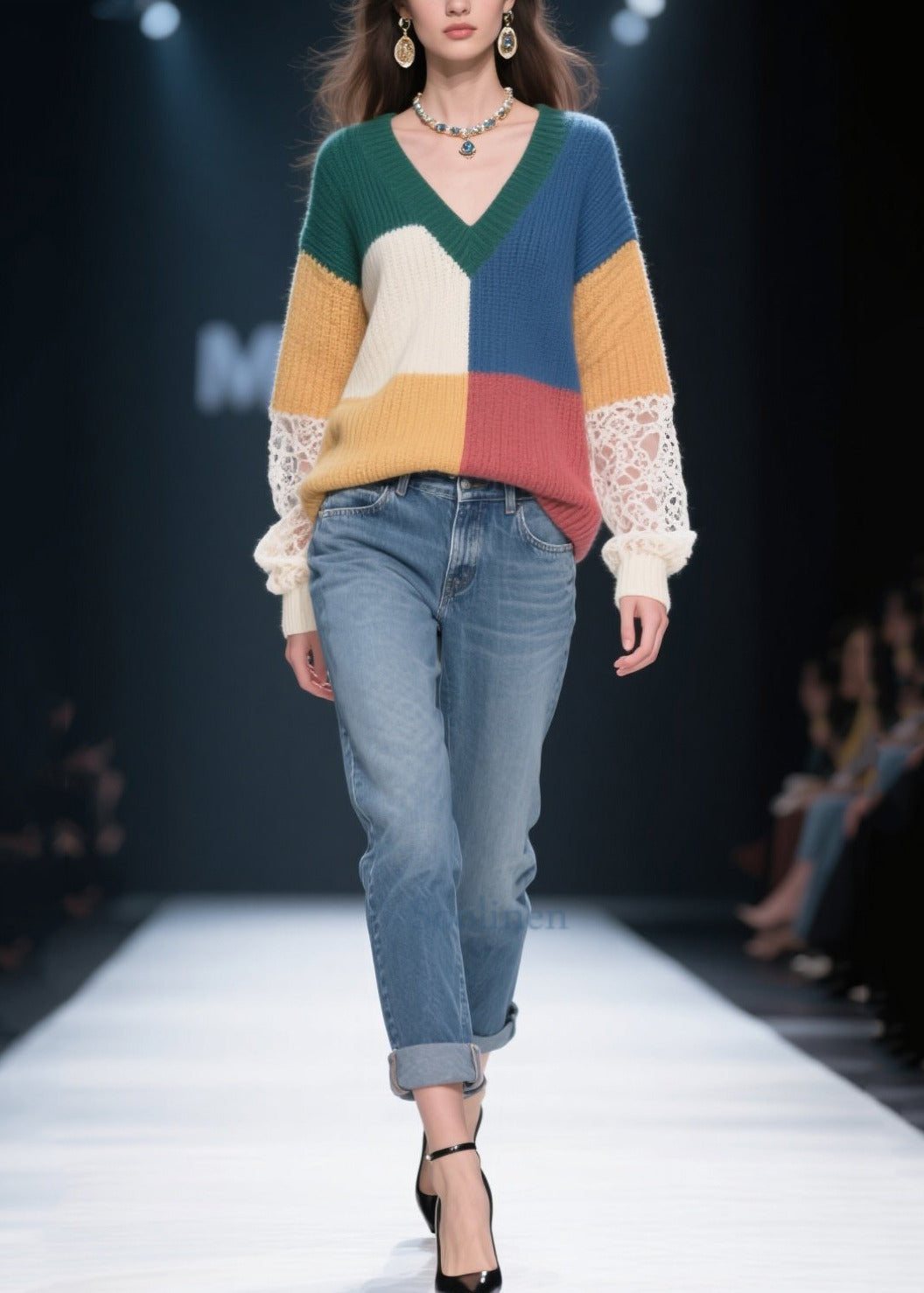 Multicolor V Neck Patchwork Lace Knit Pullover Fall