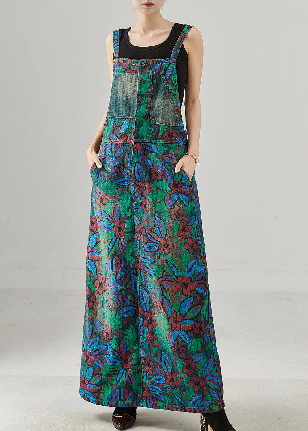 Navy Print Denim Overalls Dress Fall