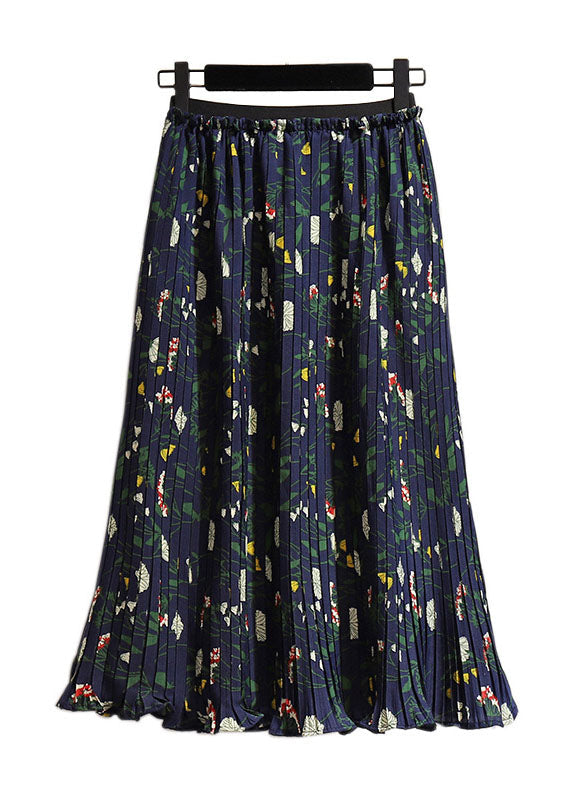 Navy Print High Waist Patchwork Chiffon Pleated Skirt Summer
