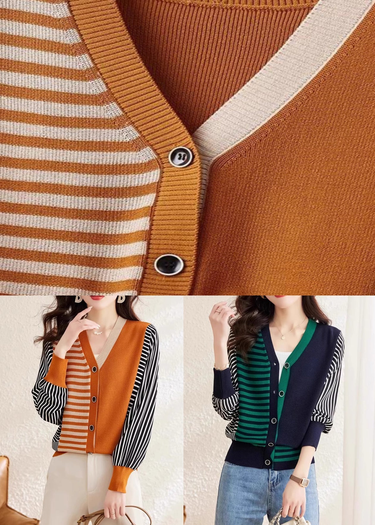 Orange V Neck Striped Button Woolen Sweater Spring