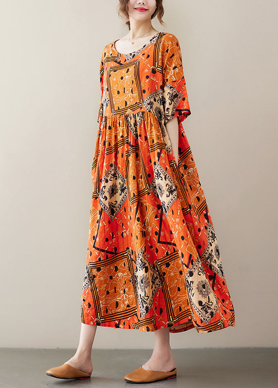 Orange Wrinkled Print Exra Large Hem Cotton Holiday Dress Short Sleeve