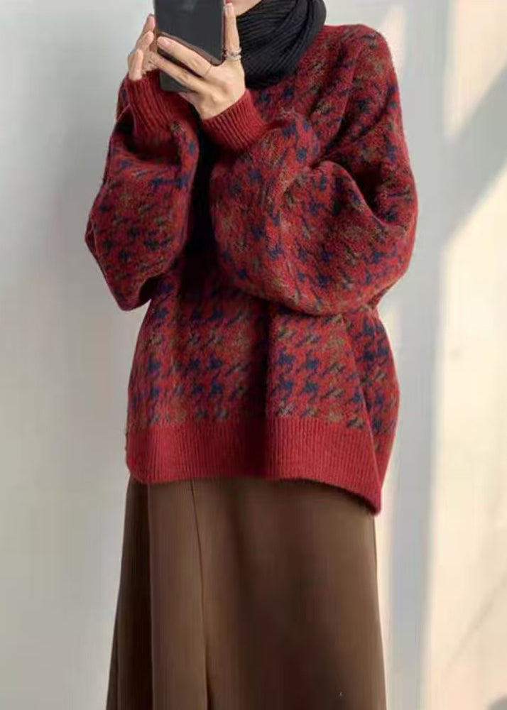 Red O Neck Print Loose Knit Sweater Spring
