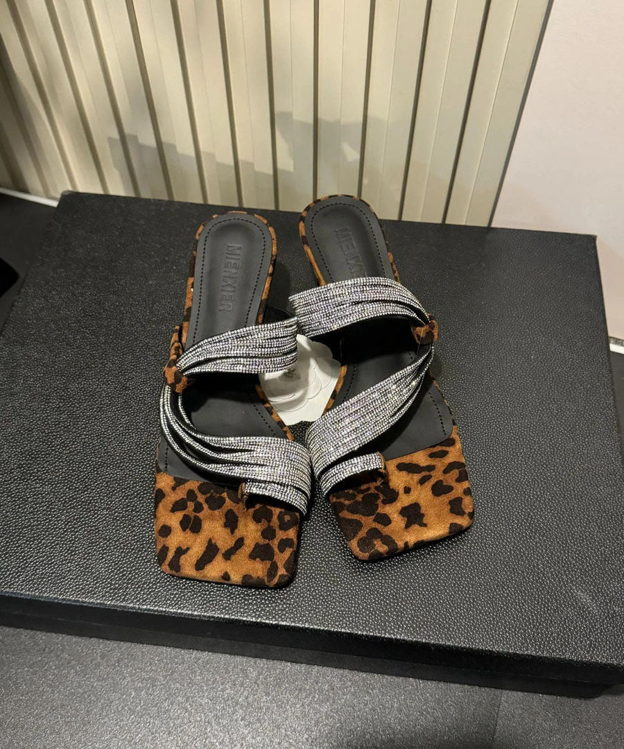 Silver Zircon Square Toe High-heeled Set Toe Slippers